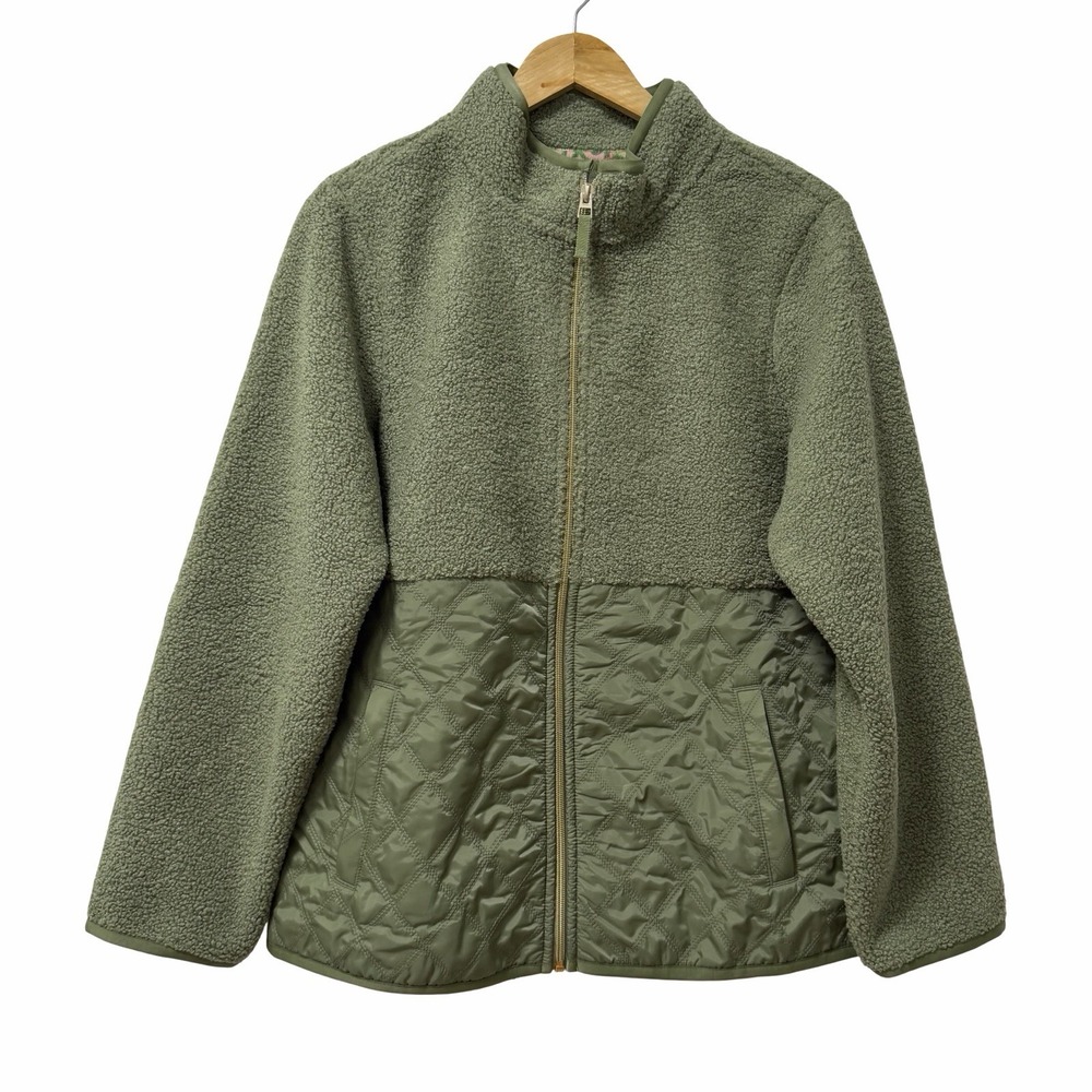 Tommy Bahama Womens Sherpa Fleece Quilted Mixed Media Zip Jacket Size M Green